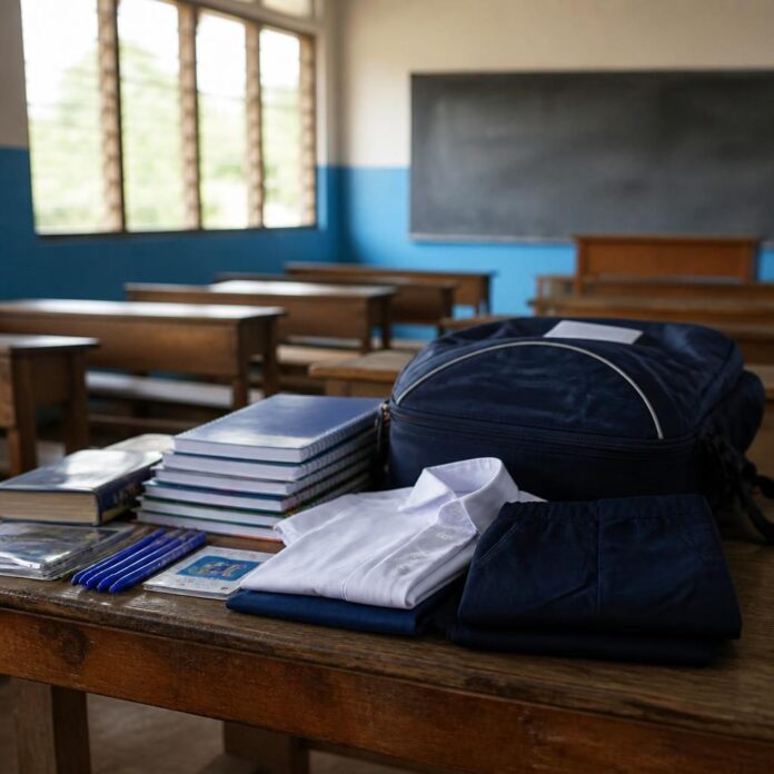 Kits scolaires composés de sacs, cahiers et fournitures sur un bureau dans une salle de classe à Kinshasa