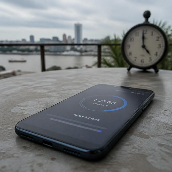 Smartphone affichant un forfait internet avec expiration à 23h59