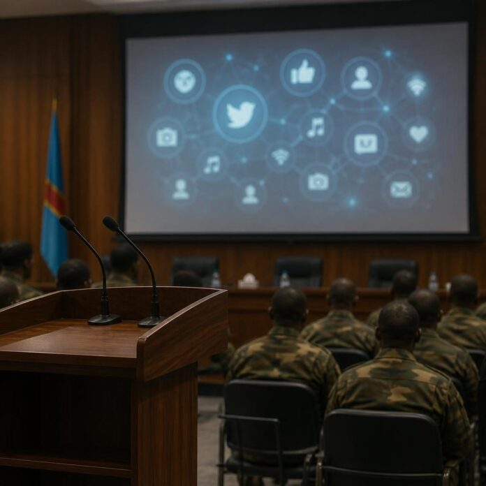 Pupitre de conférence avec micros et fond institutionnel, dans une salle où se tiennent des militaires