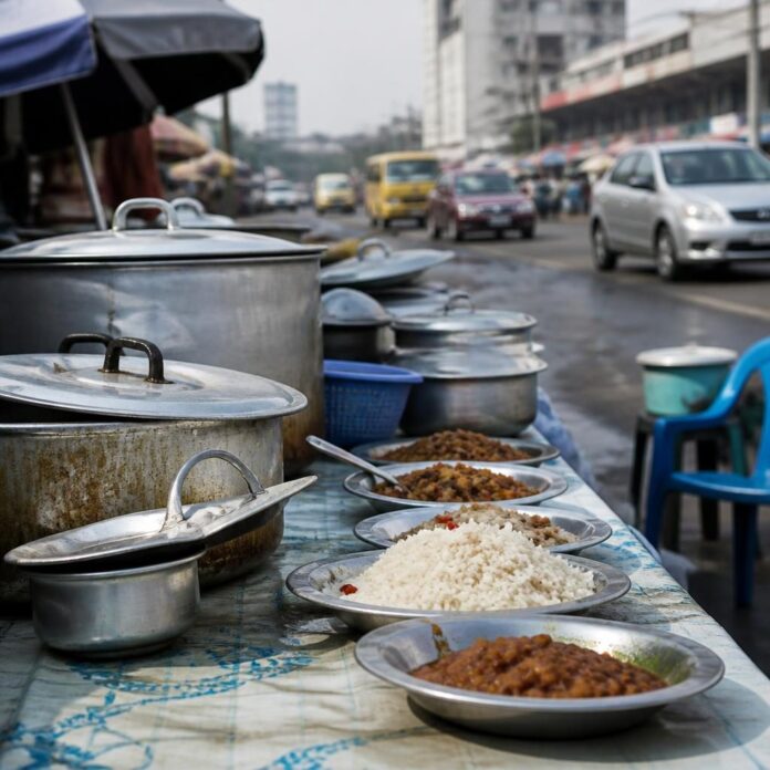 Étal de malewa avec plats couverts à base de riz, haricots et viande dans une rue de Kinshasa, avec passants autour