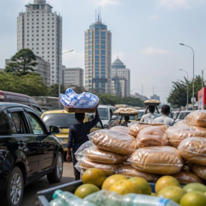 Vendeurs ambulants proposant de l'eau et du pain sur une avenue de Kinshasa
