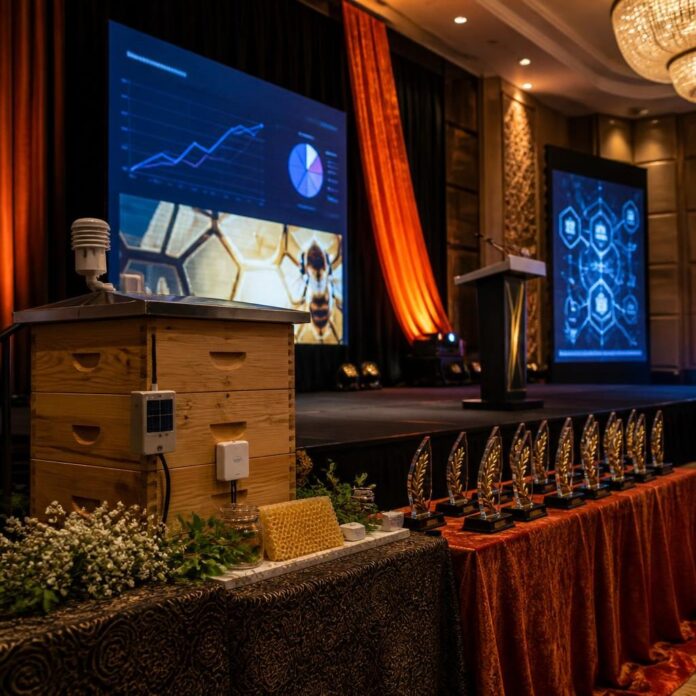 Scène de remise de prix lors de la finale du POESAM 2026 à Kinshasa, avec trophées et décor de gala