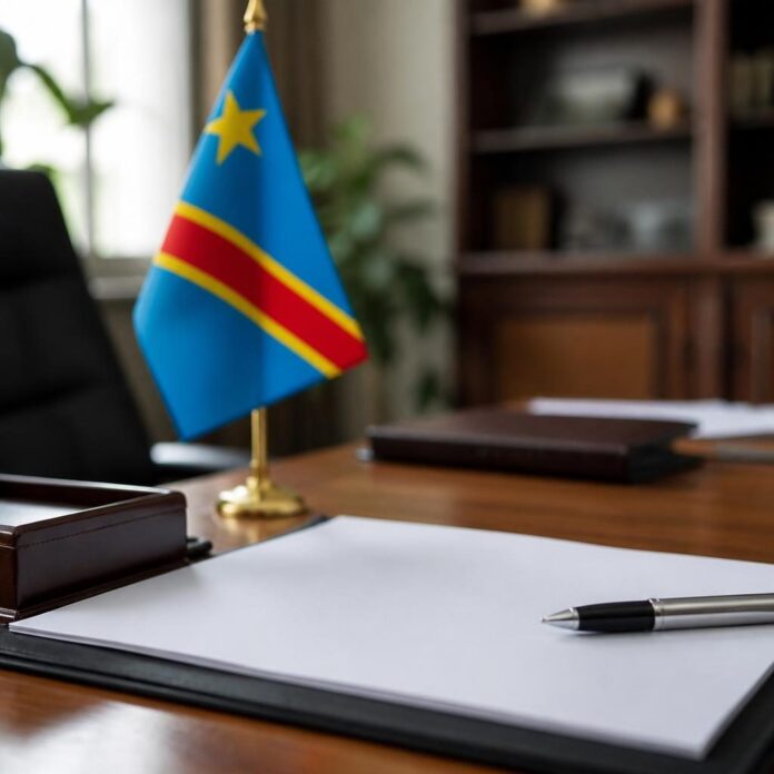 Main signant un document officiel avec un stylo noir sur un bureau en bois, illustrant la signature de la charte de Sauvons la RDC