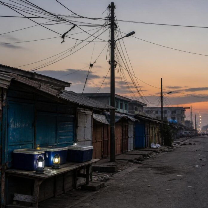 Poteaux et câbles électriques dans un quartier de Kinsuka-Pêcheur, avec petites boutiques et éclairage de fortune