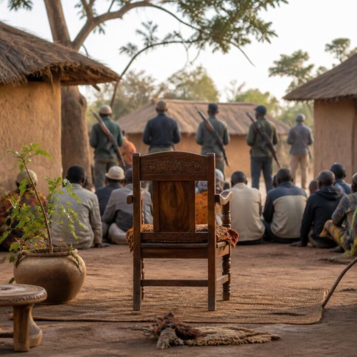 Un homme désigné par des miliciens est assis sur une chaise, entouré d'habitants lors d'une cérémonie d'installation dans un village