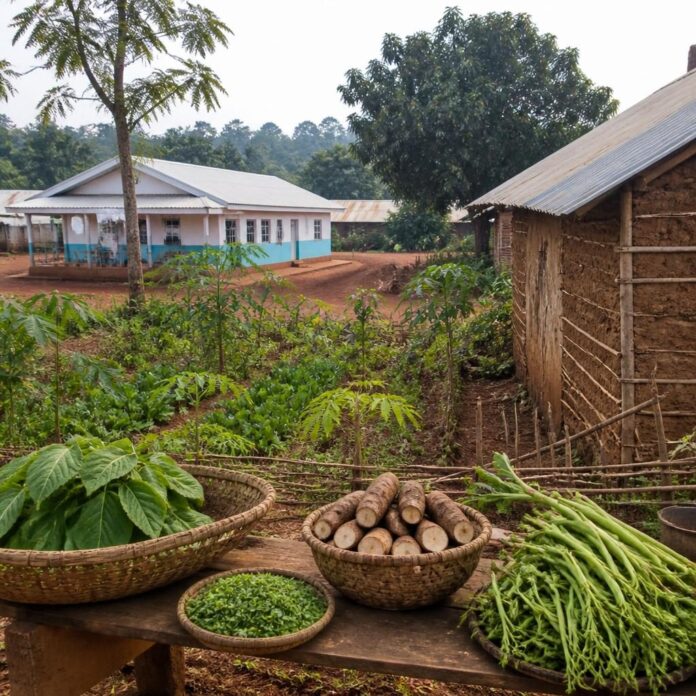 Parcelles de manioc et jardins maraîchers dans la cité de Popokabaka, au Kwango