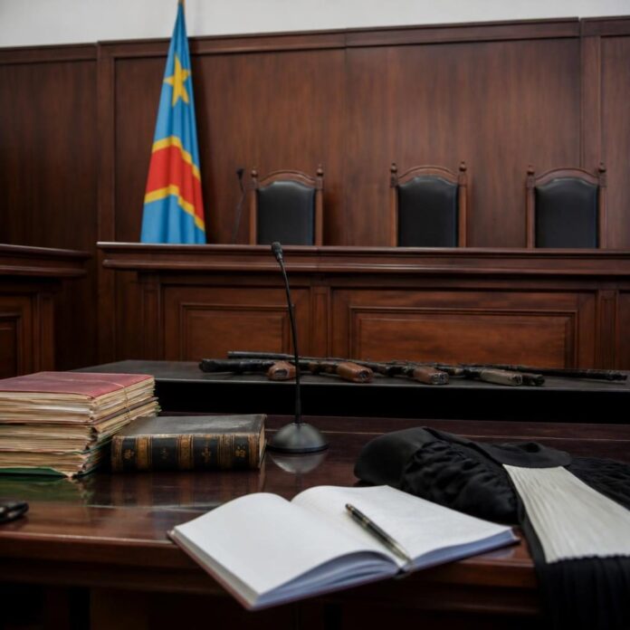 Audience de la Haute Cour militaire à Kinshasa : un avocat plaide devant des magistrats en uniforme