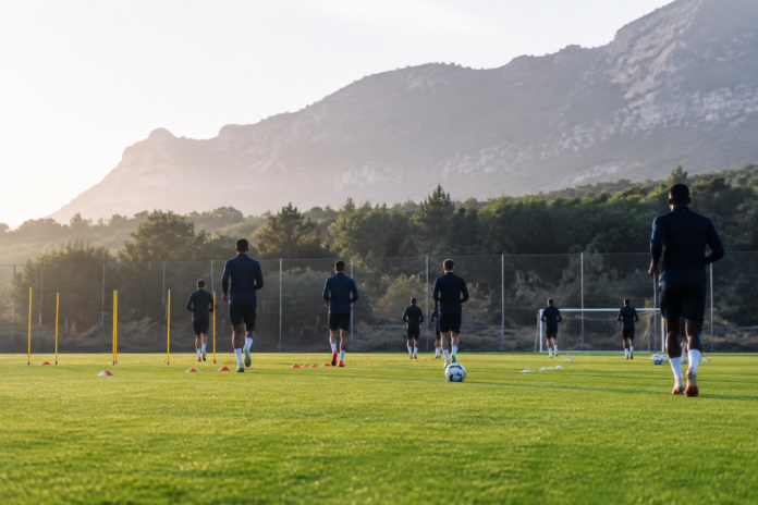 Joueurs anonymes à l’entraînement sur un terrain de football méditerranéen