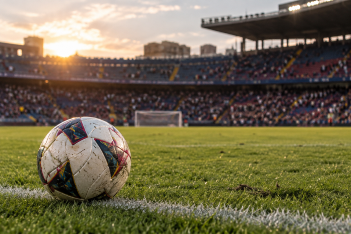 Ballon de football sur une pelouse de stade après un match de Liga