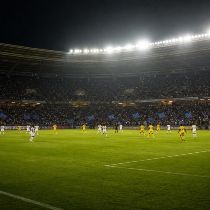 Joueur frappant le ballon lors d'un match de football de la Ligue des champions de la CAF, dans un stade africain