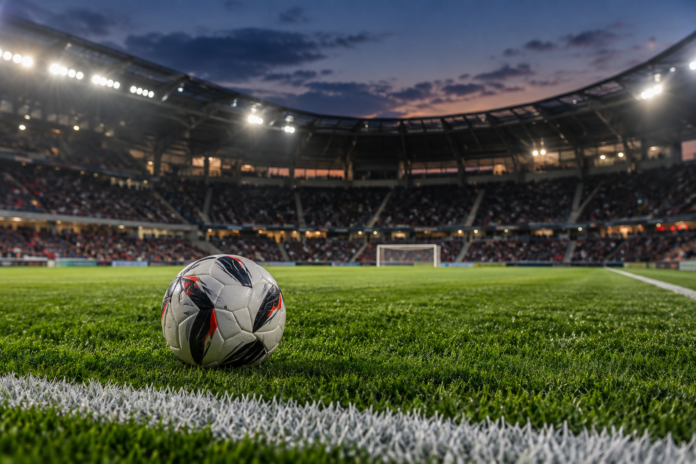 Ballon de football sur la pelouse d un stade français en soirée