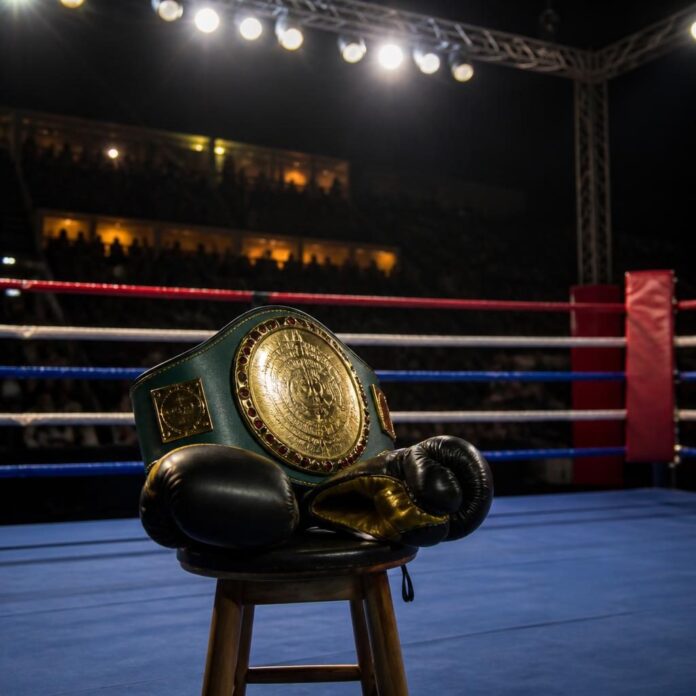 Ring de boxe éclairé avec gants et ceinture de champion au premier plan, ambiance d'un gala sportif