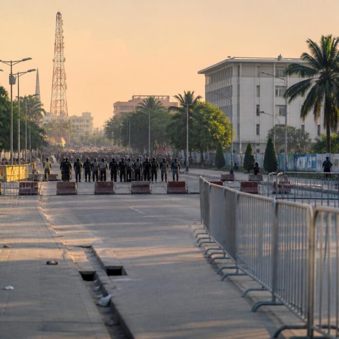 Des manifestants de la C64 rassemblés près du stade des Martyrs, non loin de la CENI, à Kinshasa