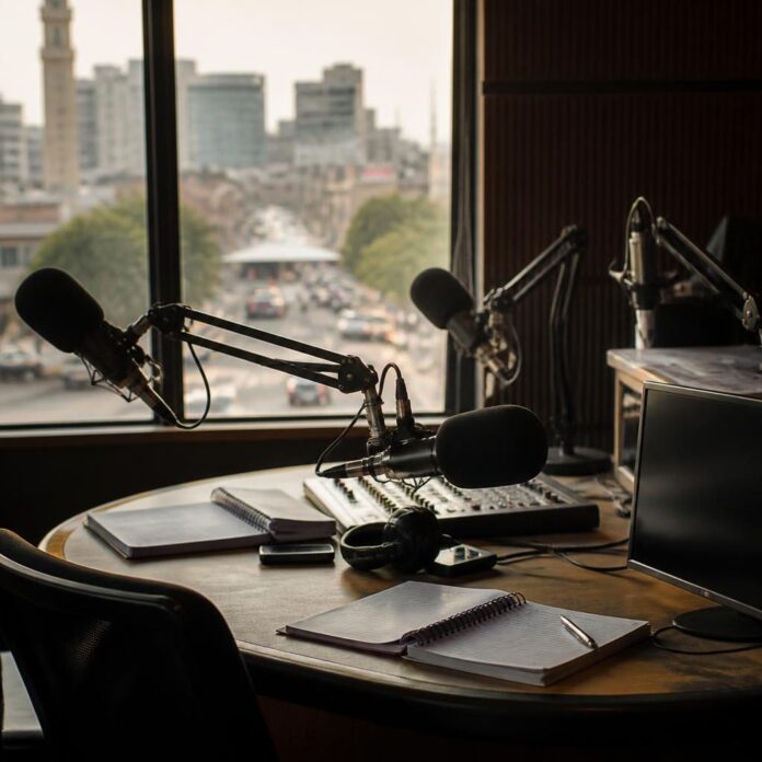 Micros de journalistes sur une table dans un studio à Kinshasa lors d'une interview politique sur le FCC