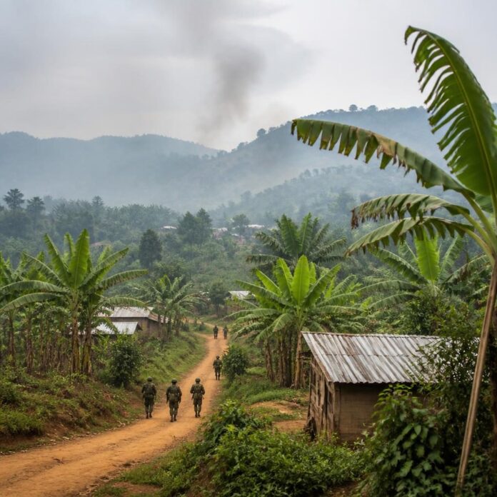 Militaires en tenue de camouflage et combattants dans une zone rurale de Bitoy, au Nord-Kivu, lors d’affrontements
