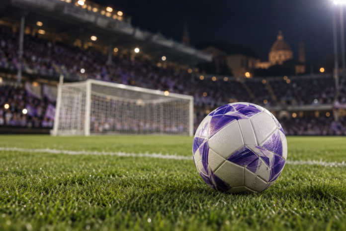 Ballon violet et blanc sur une pelouse de stade italien