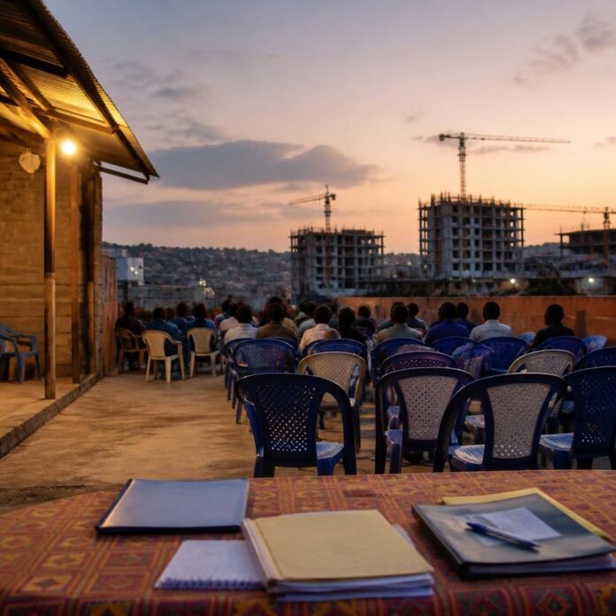 Sinistrés réunis sur une terrasse à Matadi-Kibala pour réclamer les 1 000 logements sociaux promis