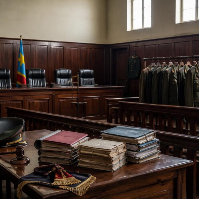 Salle d'audience de la Haute Cour militaire avec des officiers en uniforme, des avocats et des documents judiciaires, sans visages