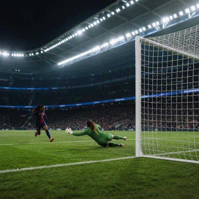 Attaquante en maillot rouge et bleu célébrant après avoir marqué un but lors d'un match de football en nocturne