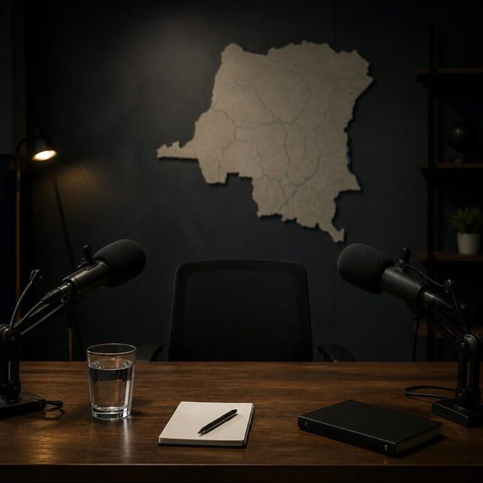 Studio de télévision avec microphones pour une interview politique sur la gouvernance en RDC