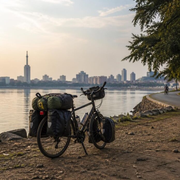 Vélo de randonnée chargé de sacoches sur une rive du fleuve Congo, avec des silhouettes de cyclistes à l'arrière-plan