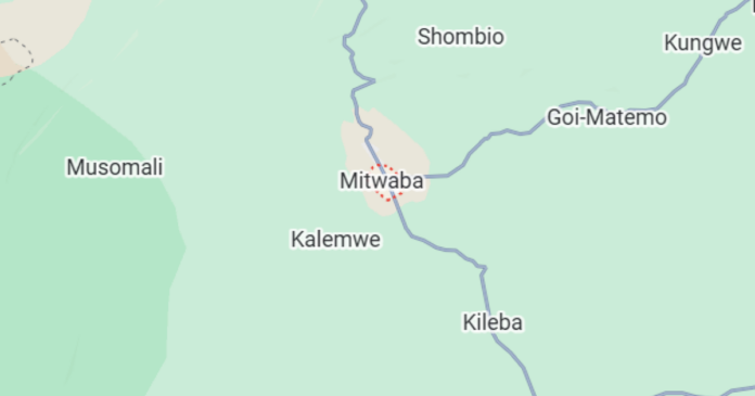 Camion Howo renversé dans une rivière à Mukana, près de Mitwaba, avec secours sur la berge