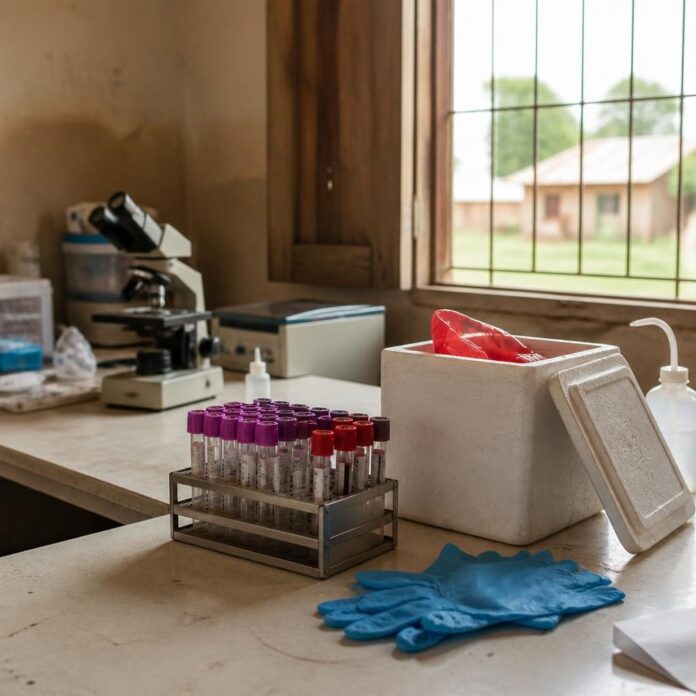 Tubes de prélèvement dans un laboratoire de santé en zone rurale, en attente d'analyse Mpox