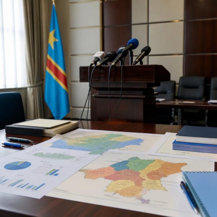 Officiels dans une salle de briefing, micros et documents sur le recensement, drapeau de la RDC en arrière-plan