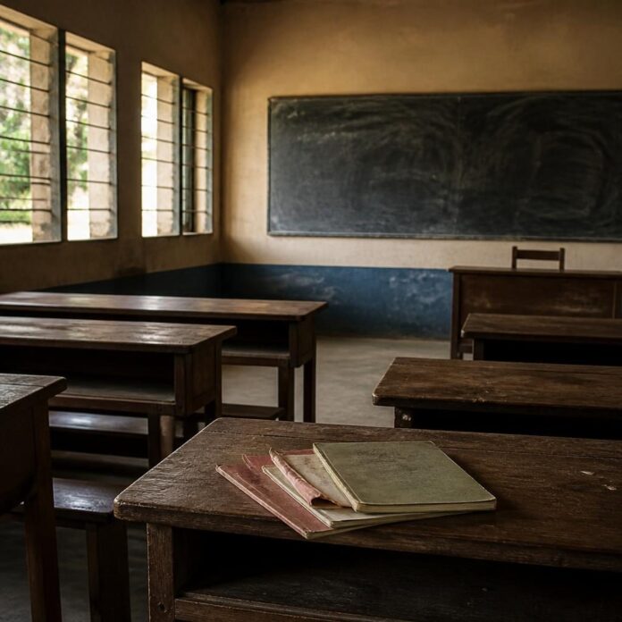 Salle de classe avec bancs vides et quelques élèves présents à Ngandanjika