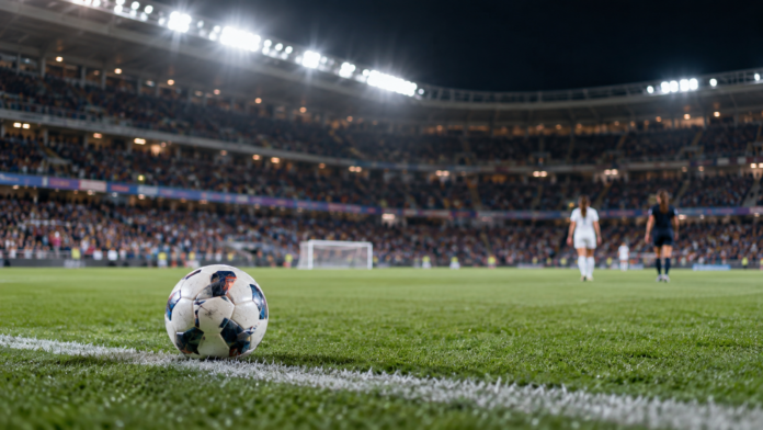 Ballon sur une pelouse éclairée lors d’un match de football féminin en soirée.