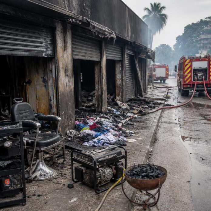 Boutiques endommagées par un incendie sur l’avenue Nyangwe, à Lingwala, à Kinshasa, avec des sapeurs-pompiers et des habitants sur place
