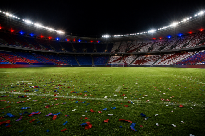 Illustration editoriale d un grand stade espagnol apres la victoire 5-2 de Barcelone contre Rayo Vallecano.