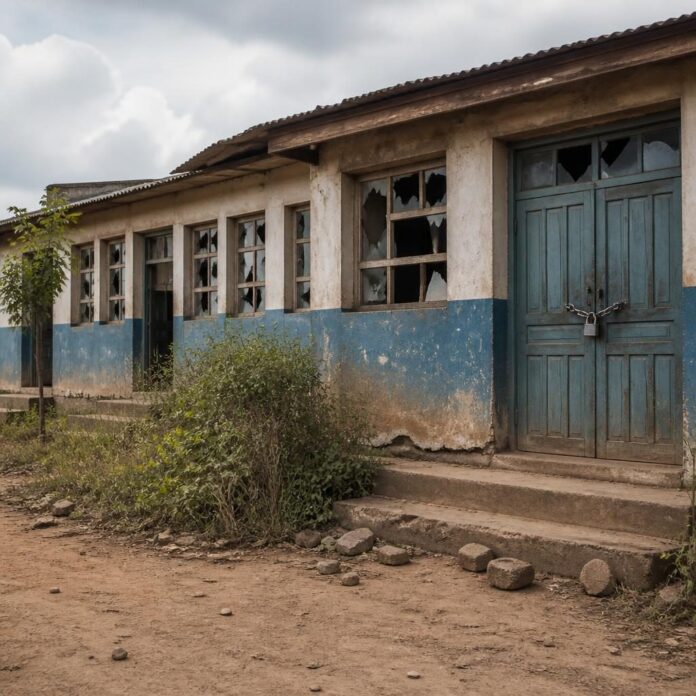 École fermée en RDC avec une cour vide et des salles de classe abandonnées