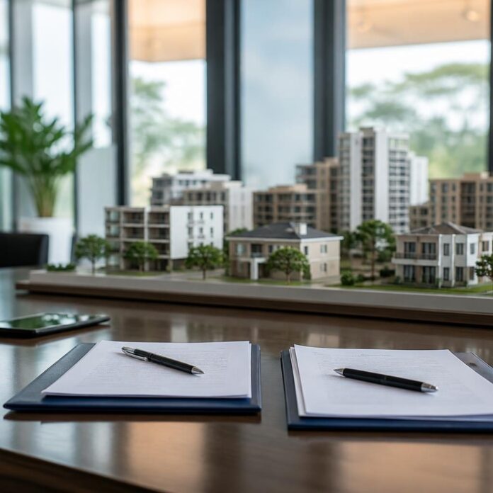 Signature d'un partenariat financier et immobilier avec un contrat, des stylos et une maquette de logement sur une table de réunion