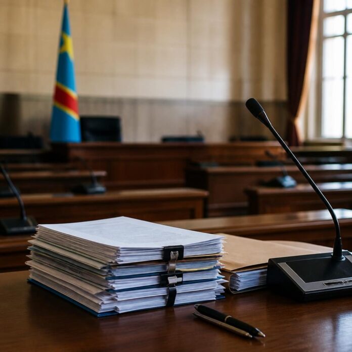 Salle parlementaire vide avec documents juridiques, drapeau congolais et micros sur pupitre