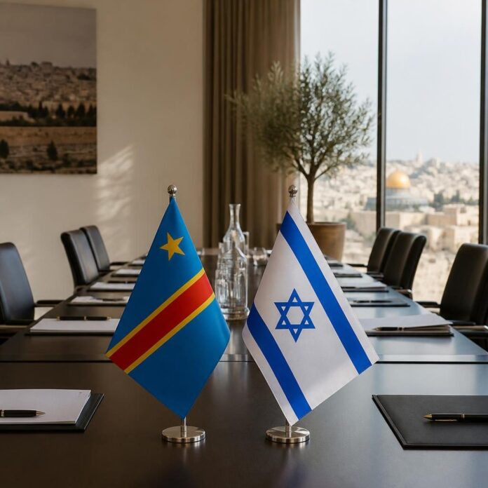 Drapeaux de la République démocratique du Congo et d'Israël dans une salle de conférence officielle