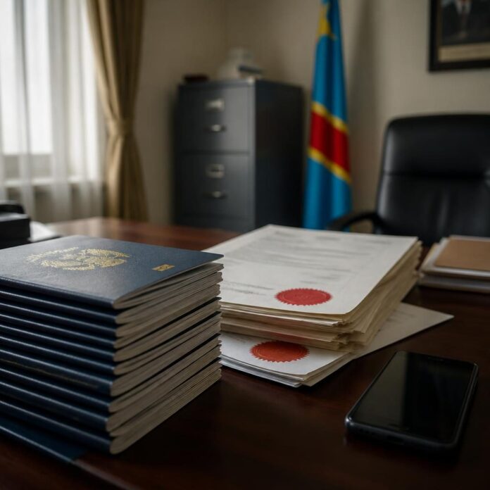 Passeports et documents officiels sur un bureau évoquant les contrats litigieux Semlex et RAM en RDC
