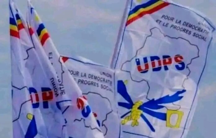 Des partisans de l’UDPS rassemblés dans une avenue de Kinshasa avec des drapeaux et banderoles lors d’une marche