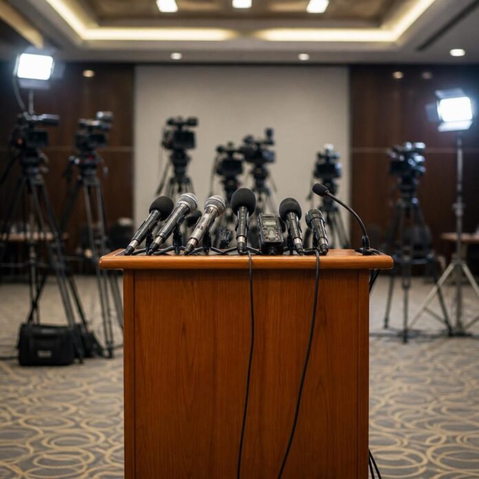 Micros et caméras installés pour une conférence de presse politique à Kinshasa