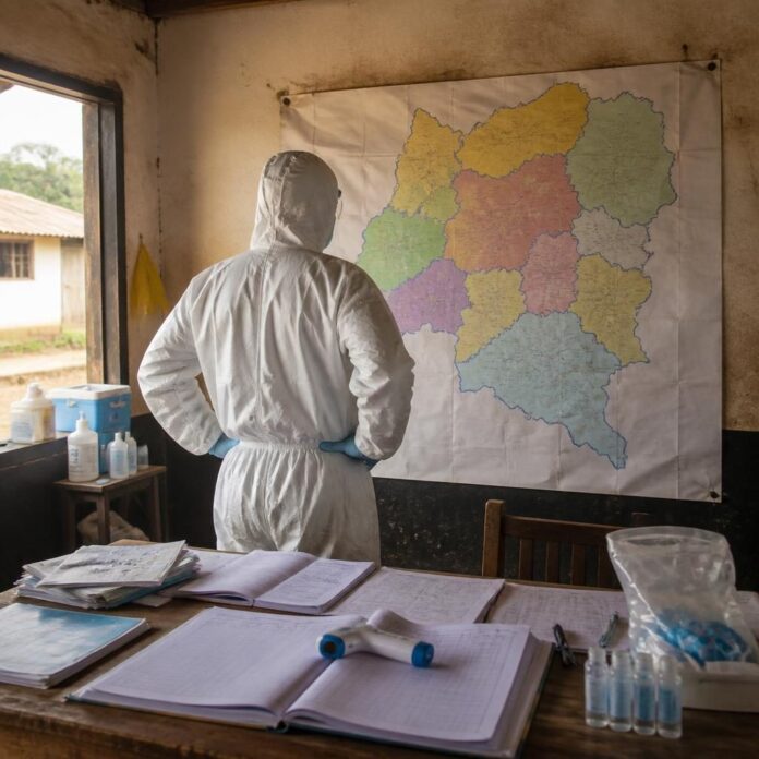 Graphique comparant le taux national de suivi des contacts Ebola avec les taux des provinces d'Ituri, Nord-Kivu, Tshopo, Haut-Uélé