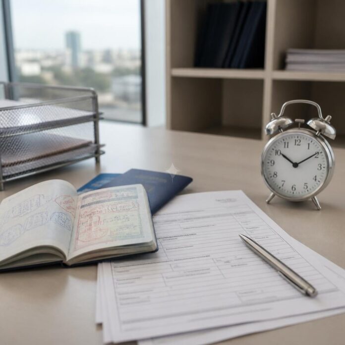 Dossier de demande de visa avec passeport, formulaires et horloge sur un bureau de centre de visas