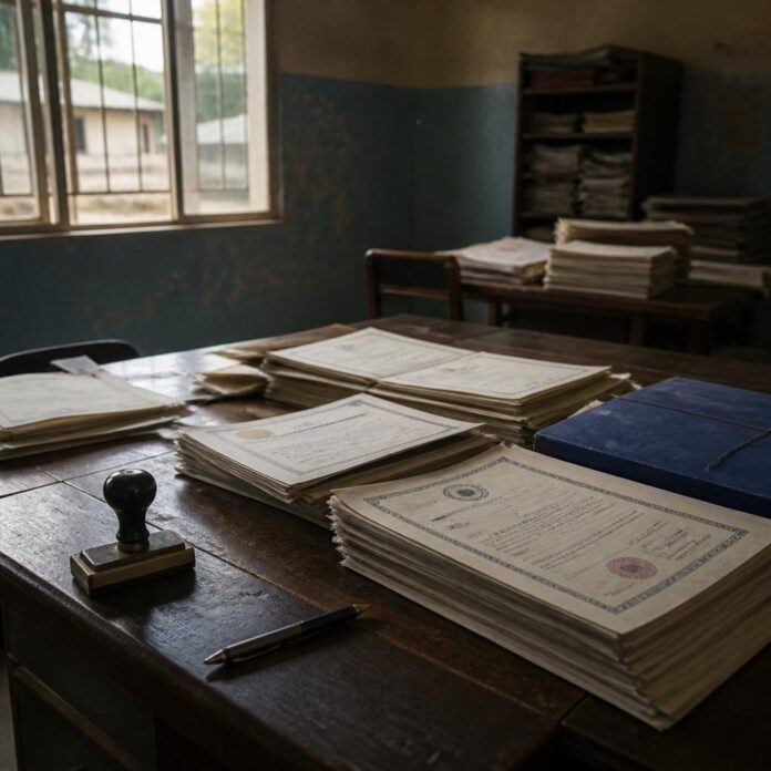 Documents officiels, diplômes et titres fonciers posés sur un bureau, symbolisant les actes civils délivrés dans les zones occupées