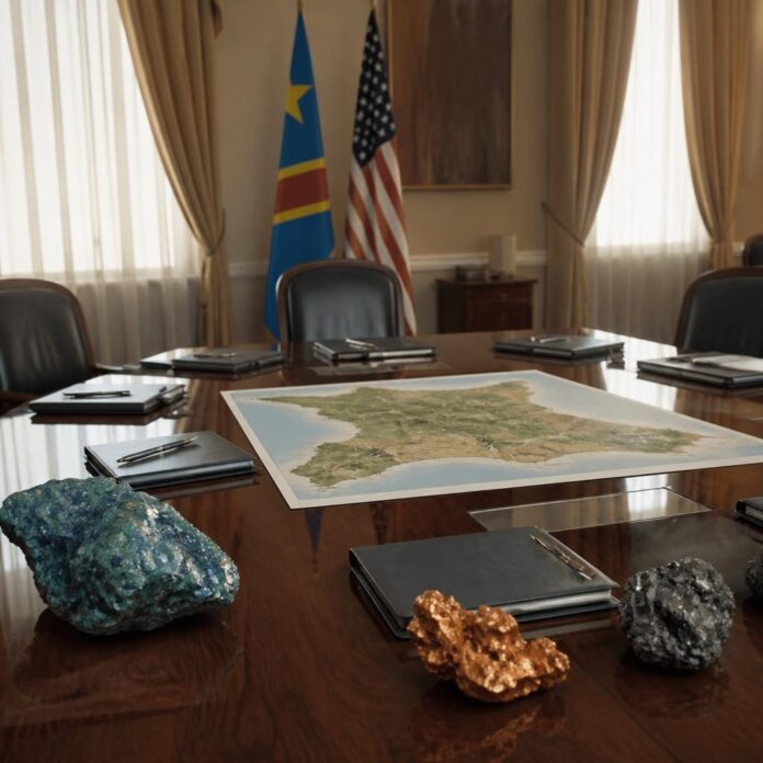 Salle de réunion gouvernementale à Kinshasa avec documents, carte des ressources minières et échantillons de minerais stratégiques