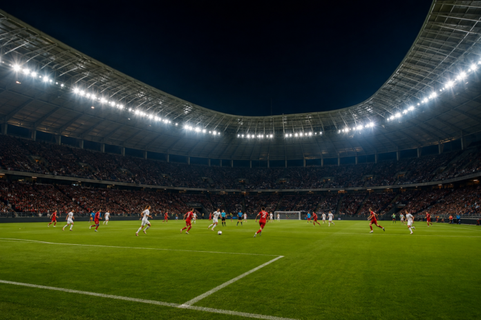 Match de football féminin en soirée dans un stade sous les projecteurs