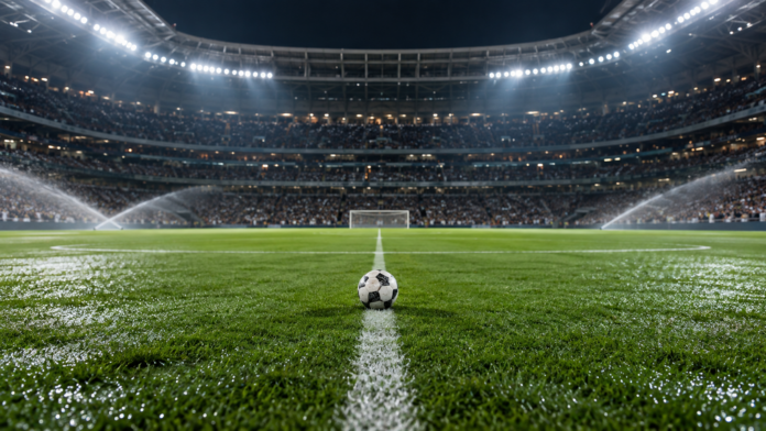 Ballon de football sur une pelouse de stade madrilène en nocturne