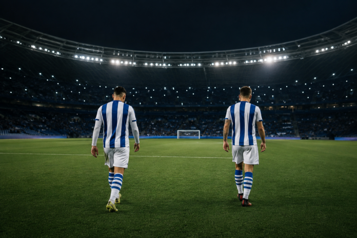 Footballeurs anonymes quittant la pelouse après un match nocturne