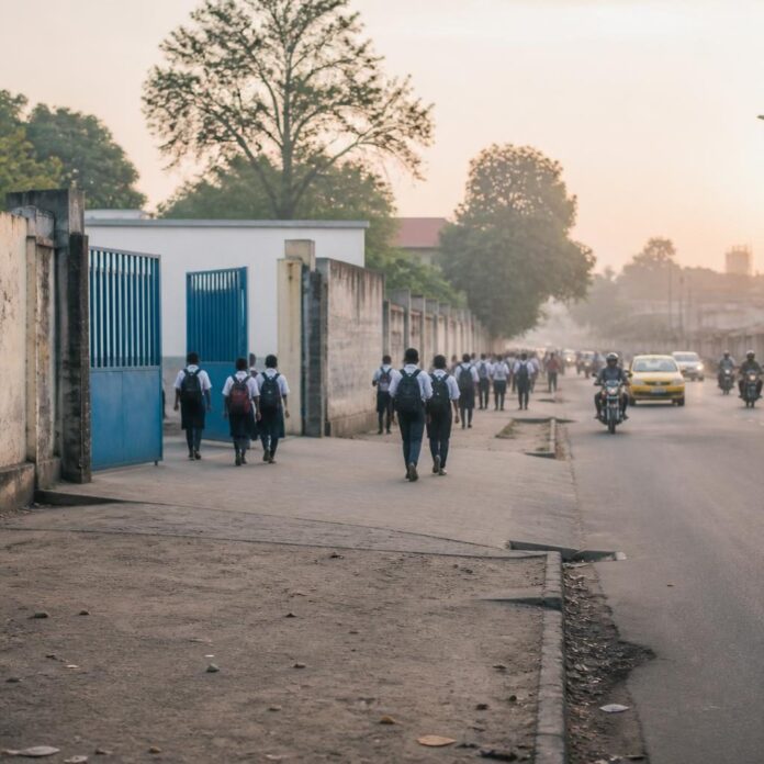 Écoliers en uniforme marchant avec des sacs au dos dans une rue de Kinshasa au petit matin