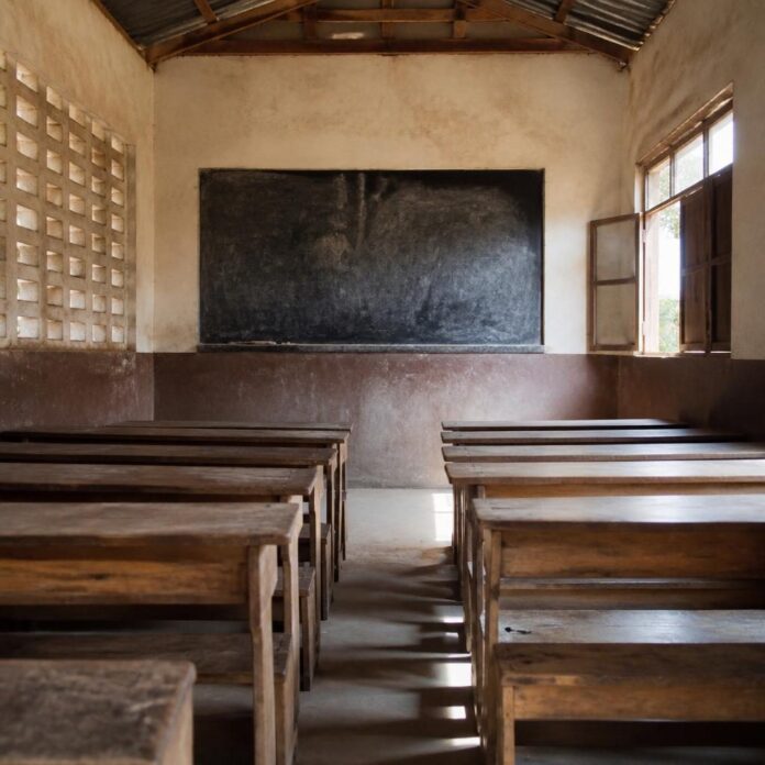 Salle de classe avec pupitres vides à l'école EP1 INERA Mvuazi lors de la rentrée scolaire