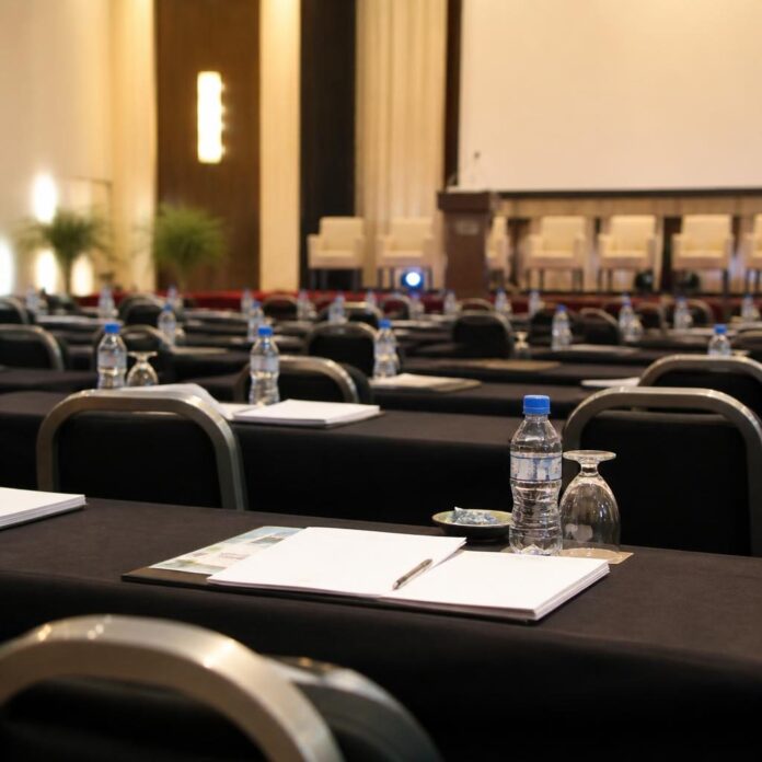 Vue d'ensemble d'une salle de conférence à Kinshasa lors du forum sur la Résolution 1325, avec des participants assis face à un podium