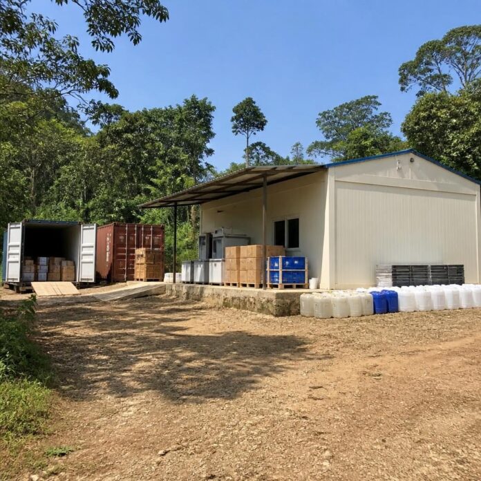 Bâtiment et conteneurs de la base logistique aménagée par le PAM au centre de traitement Ebola de Lita